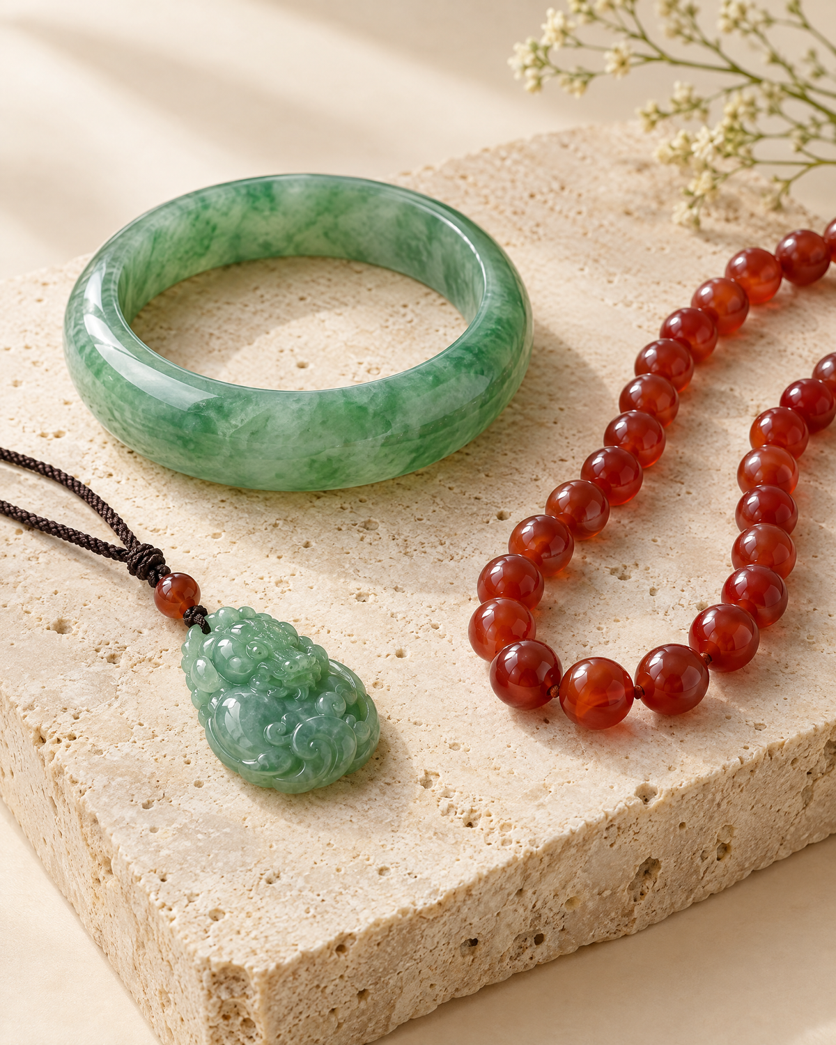 Certified natural jadeite bangle, red agate strand, and carved pendant on travertine