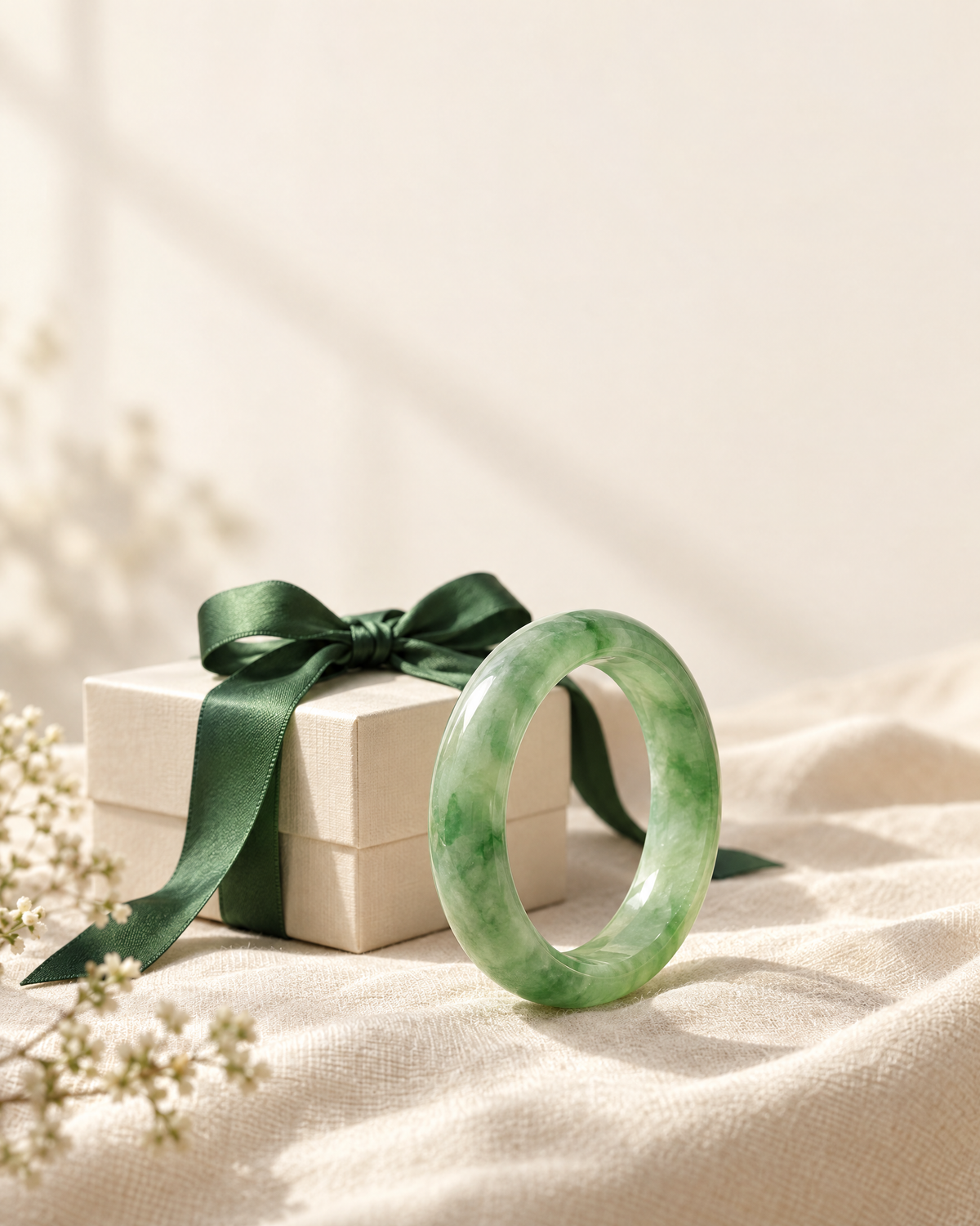 Certified Burmese jade bangle on natural linen beside silver jewelry and gift box in Middletown, NY