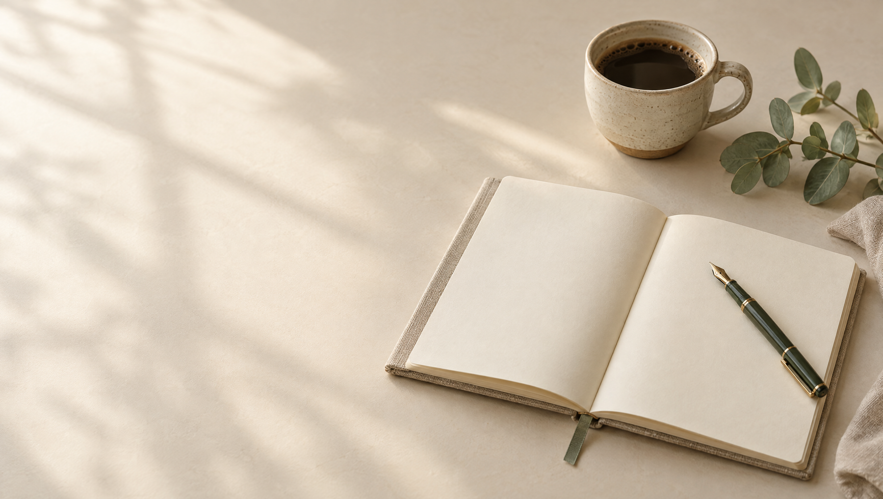 Warm journal header with notebook, fountain pen, fresh coffee, and eucalyptus